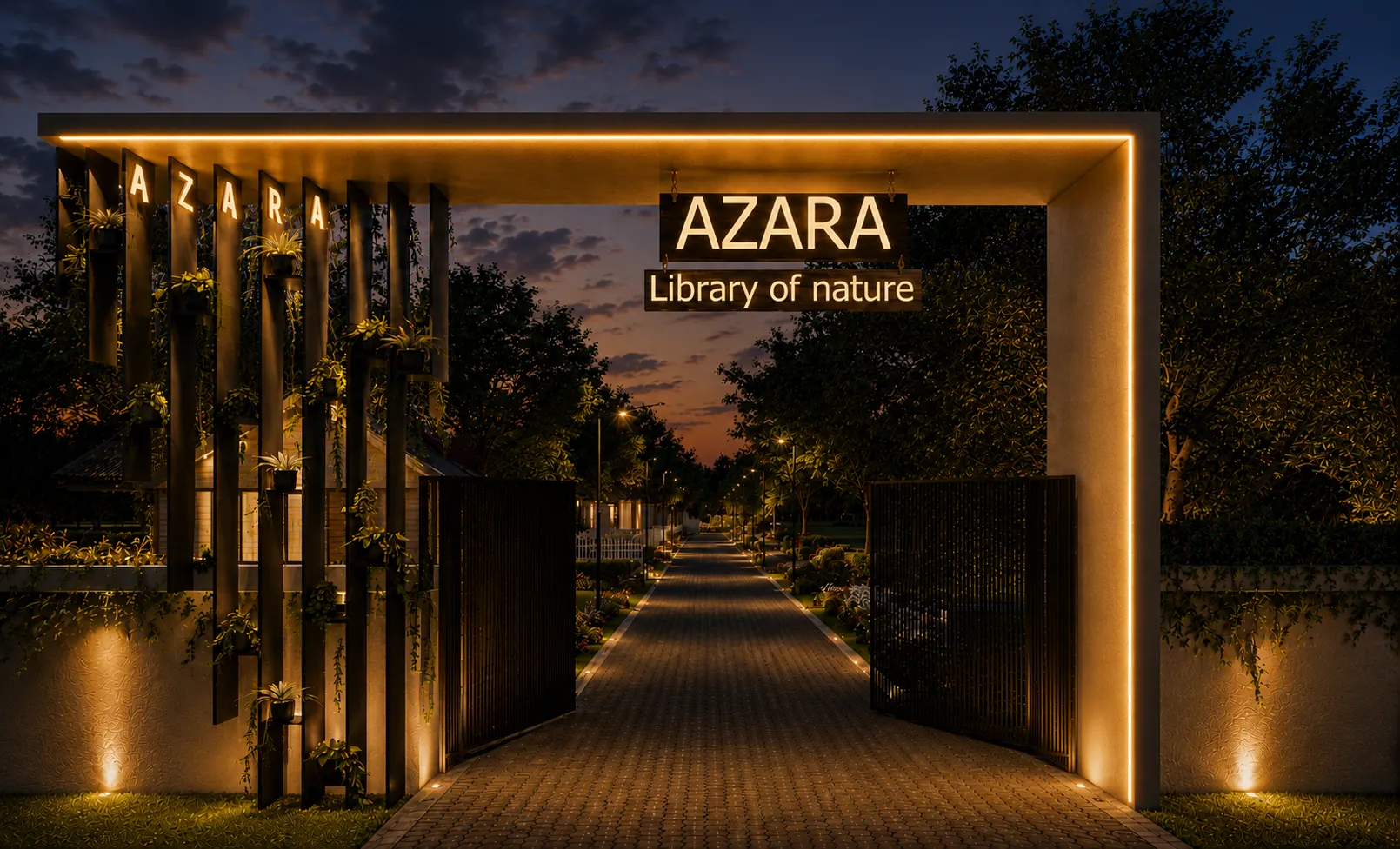 The lit Azara gate at dusk, opening onto the paved avenue