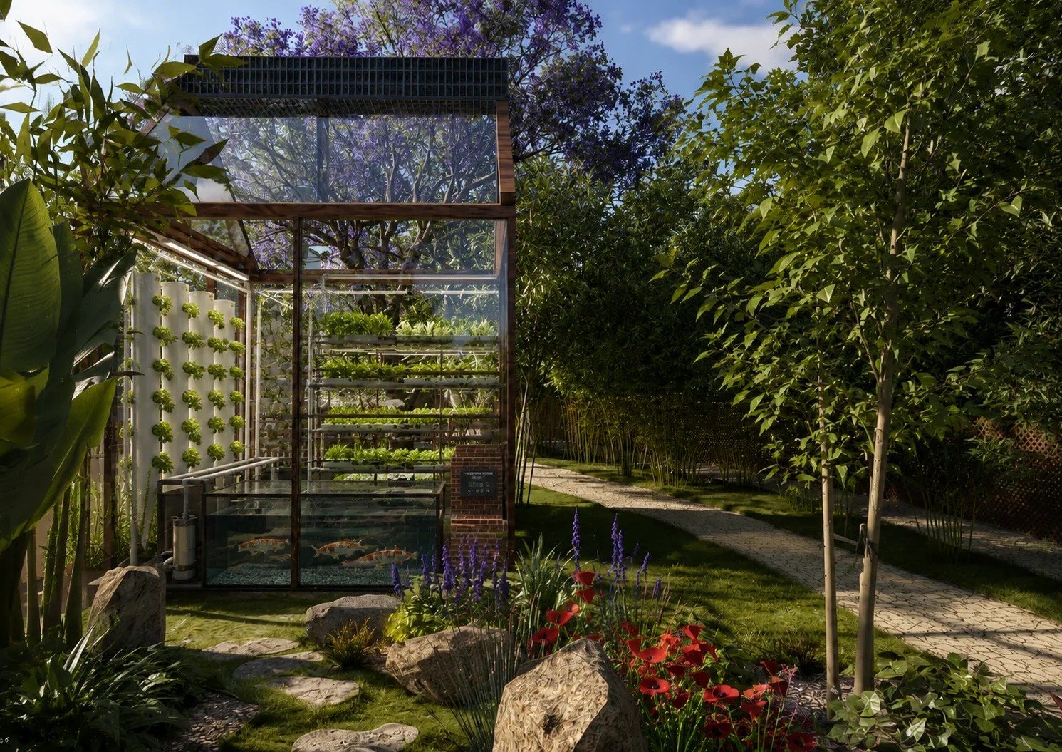 A glass greenhouse with vertical hydroponic towers above an aquaponics tank
