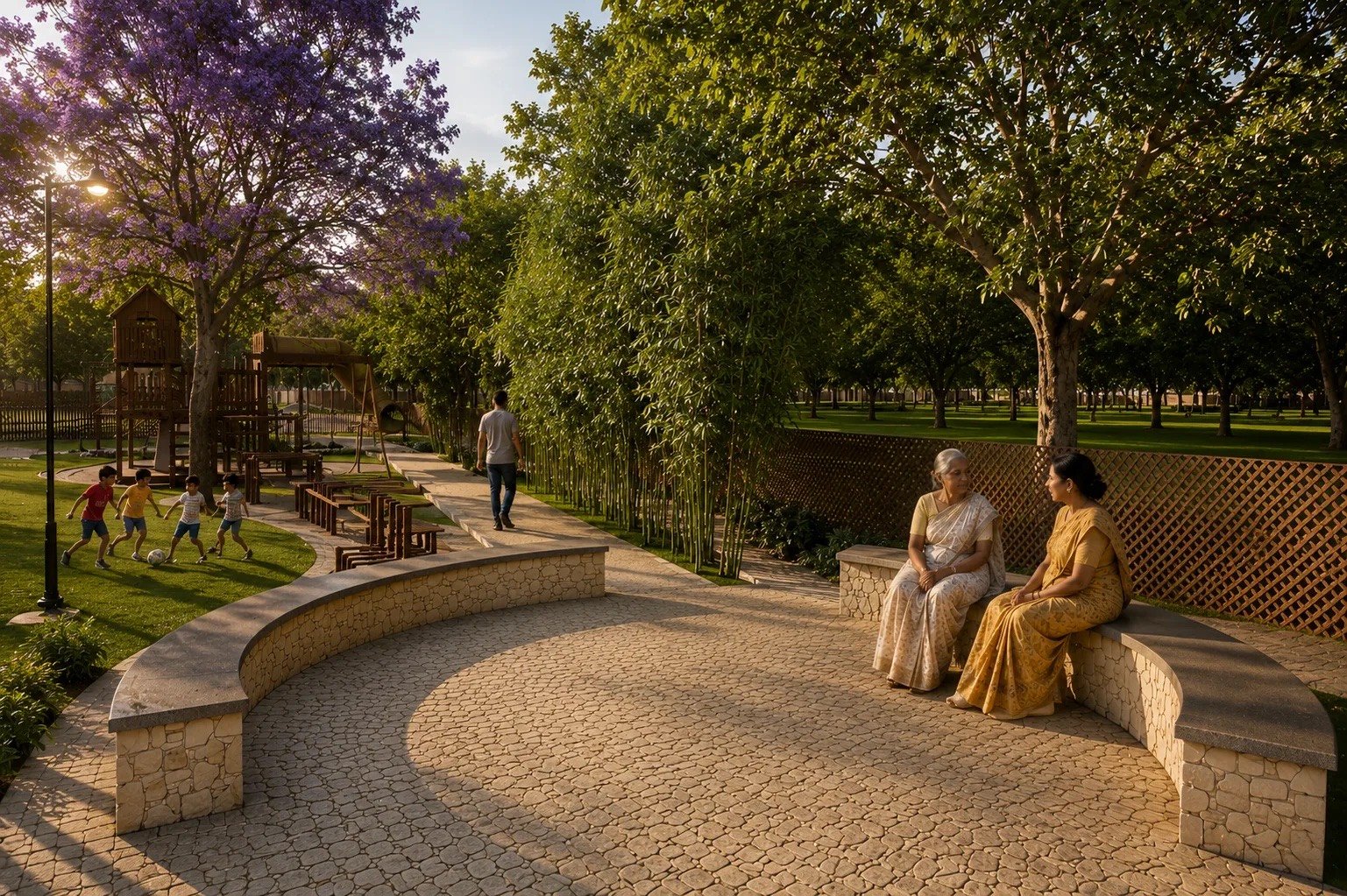 A curved stone seating court beside a children’s play area under flowering trees